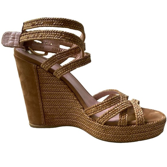 Stuart Weitzman Reins Wedge Sandal Size 9 Tan Camel Strappy Heel Straw Weave - Picture 6 of 16